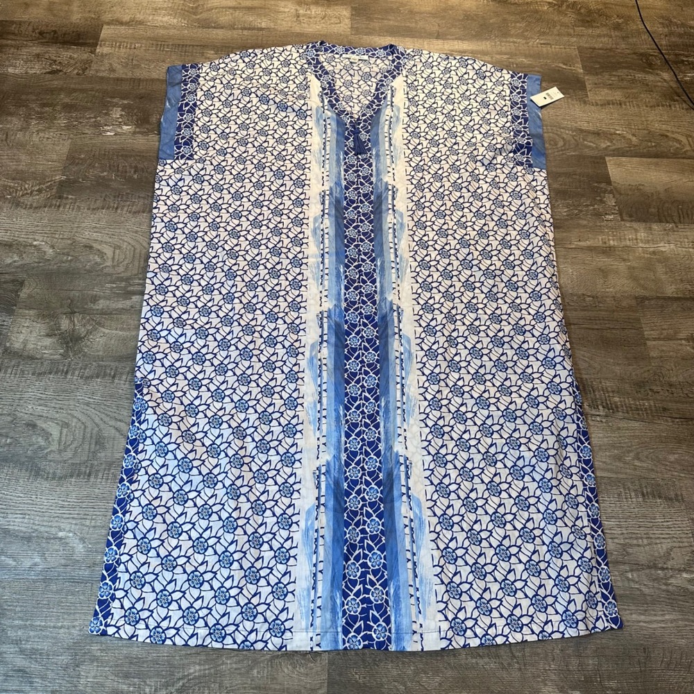 Oscar de la Renta Blue Lotus Cotton Caftan Maxi Dress L/XL NWT $180